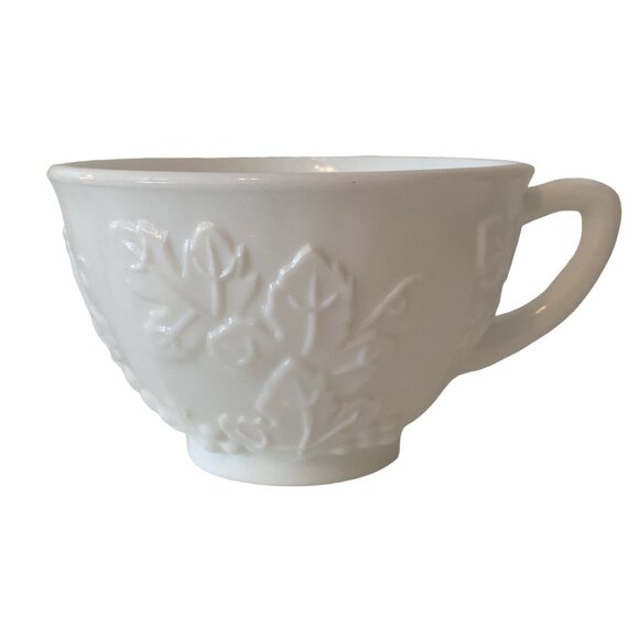 White Milk Glass Punch Tea Cup  Grapes Leaves Replacement Vintage - Picture 1 of 12